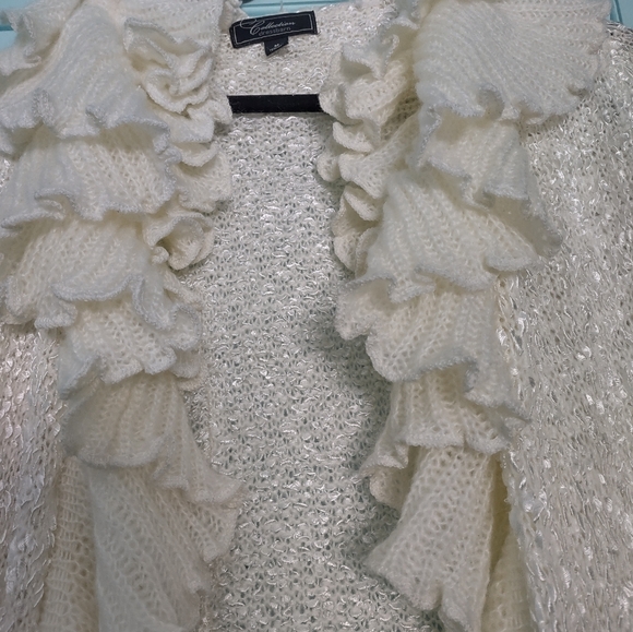 white ruffly frilly long cardigan with shimmery look to it from dressbarn medium - Picture 5 of 9